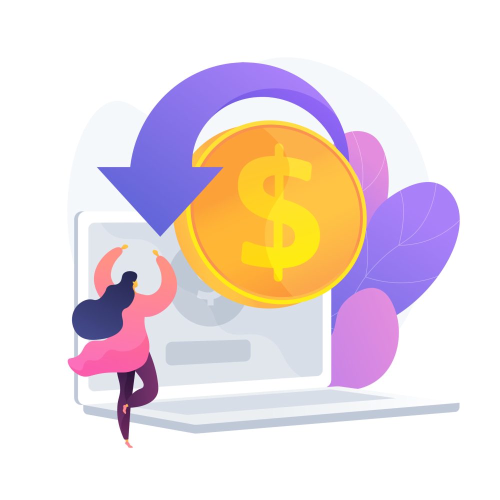 E shopping cartoon web icon. Online store, cashback service, money returning. Financial refund idea. Return on investment. Internet income. Vector isolated concept metaphor illustration